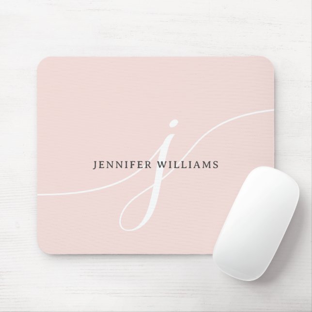 Elegant Plain Blush Pink White Script Monogram Mouse Mat (With Mouse)