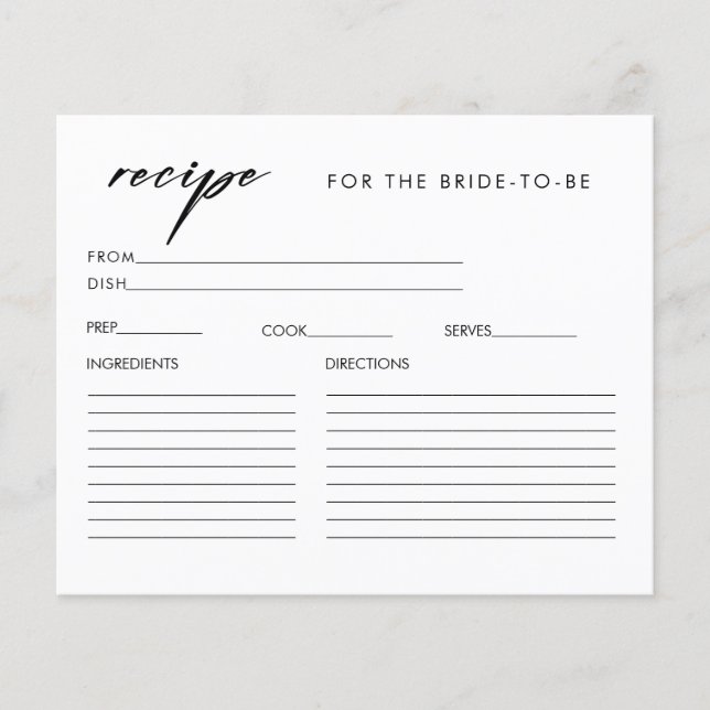 Elegant Plain Bridal Shower Recipe Card (Front)