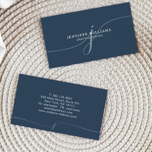 Elegant Plain Dusty Navy Blue Script Monogram Business Card