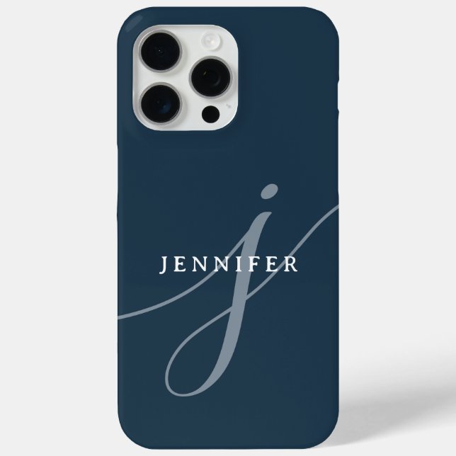 Elegant Plain Dusty Navy Blue Script Monogram Case-Mate iPhone Case (Back)