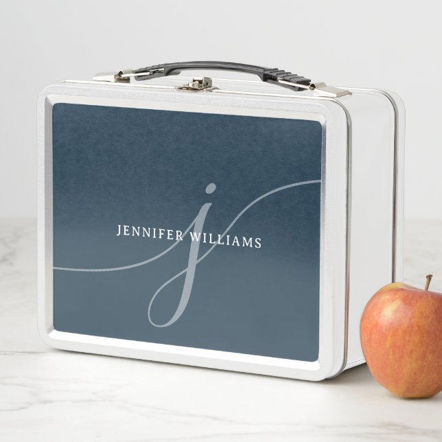 Elegant Plain Dusty Navy Blue Script Monogram Metal Lunch Box (In Situ)