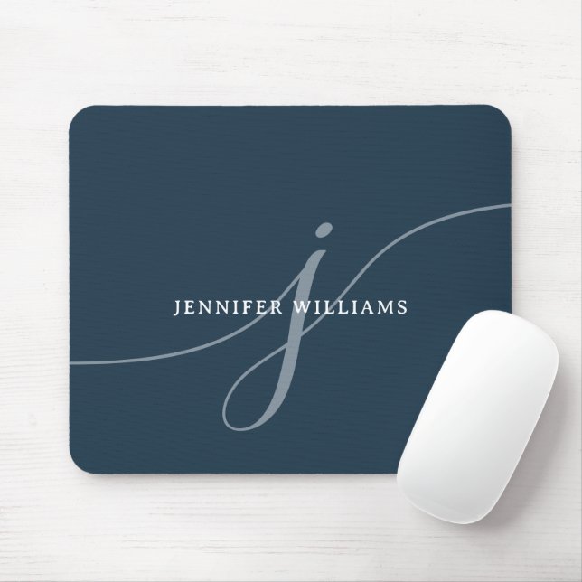Elegant Plain Dusty Navy Blue Script Monogram Mouse Mat (With Mouse)