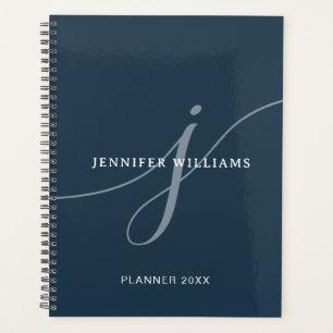 Elegant Plain Dusty Navy Blue Script Monogram Planner