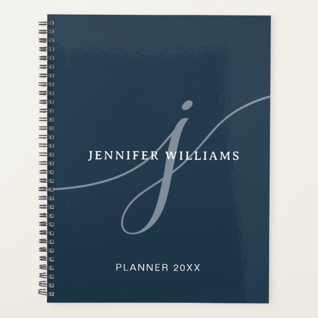 Elegant Plain Dusty Navy Blue Script Monogram Planner (Front)