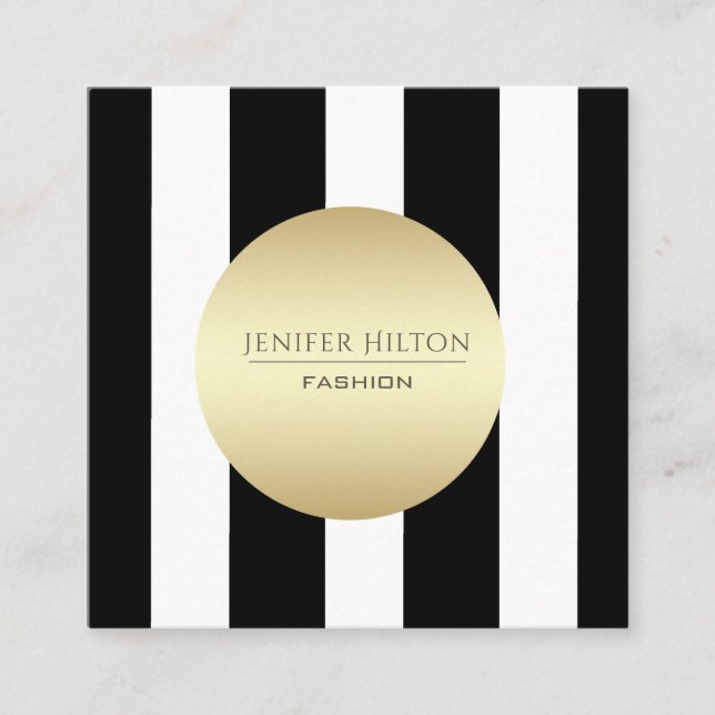 Elegant plain faux gold circle black/white stripes square business card (Front)