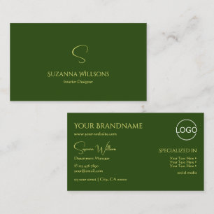 Elegant Plain Forest Green with Monogram and Logo Business Card