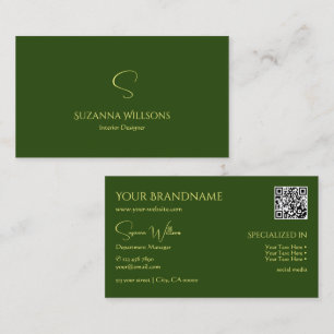 Elegant Plain Forest Green with Monogram QR Code Business Card