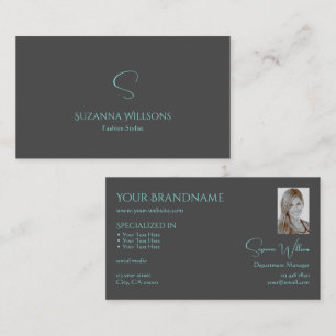 Elegant Plain Grey Teal with Monogram and Photo Business Card