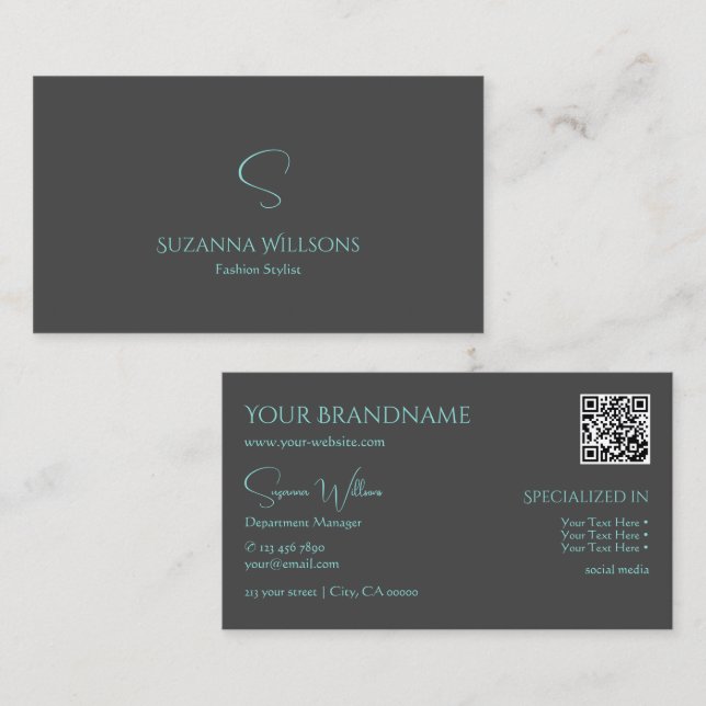 Elegant Plain Grey Teal with Monogram and QR-Code Business Card (Front/Back)
