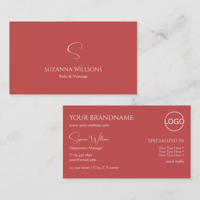 Elegant Plain Indian Red with Monogram and Logo Business Card (Front/Back)