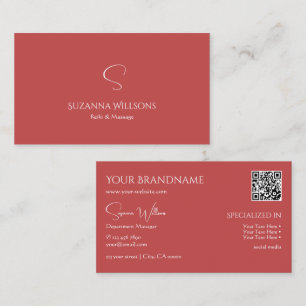Elegant Plain Indian Red with Monogram and QR-Code Business Card
