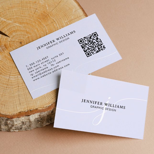 Elegant Plain Lavender Script Monogram QR Code Business Card (Creator Uploaded)