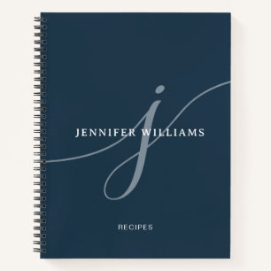 Elegant Plain Navy Blue Script Monogram Recipe Notebook