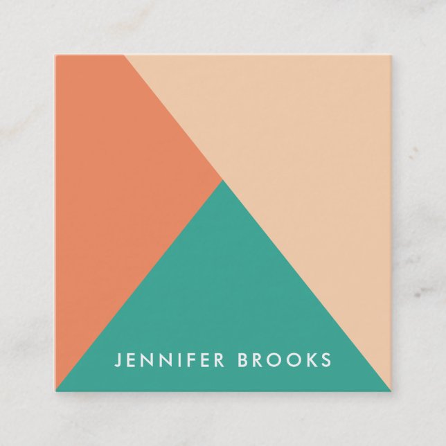 Elegant plain peach orange teal modern colour bloc square business card (Front)