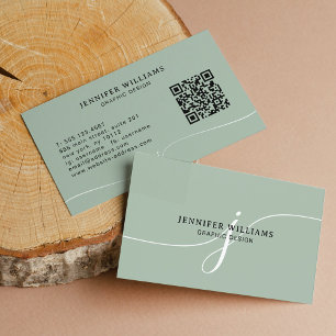 Elegant Plain Sage Green Script Monogram QR Code Business Card