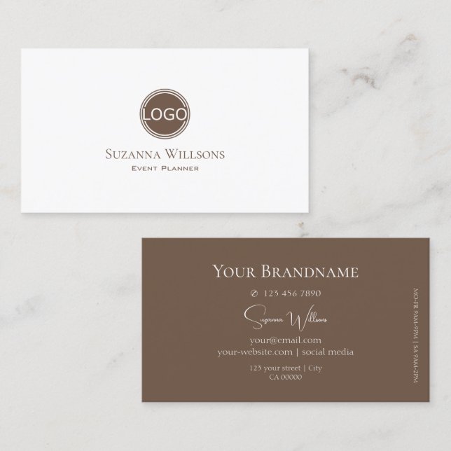 Elegant Plain White Coffee Brown with Logo Stylish Business Card (Front/Back)
