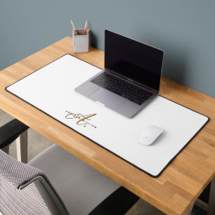 Elegant Plain White Gold Script Monogram Desk Mat