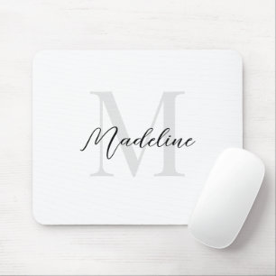 Elegant Plain White Script Calligraphy Monogram Mouse Mat