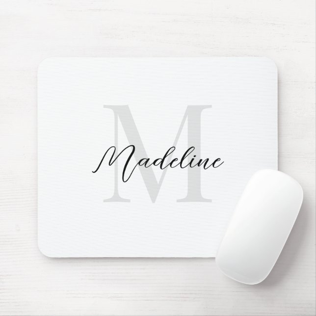 Elegant Plain White Script Calligraphy Monogram Mouse Mat (With Mouse)