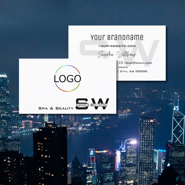 Elegant Plain White with Monogram and Logo Simple Business Card (Creator Uploaded)