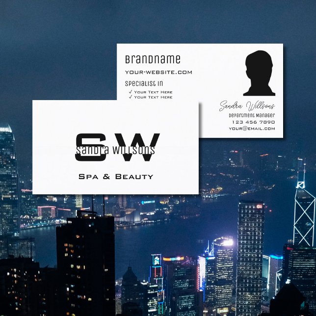 Elegant Plain White with Monogram and Photo Modern Business Card (Creator Uploaded)