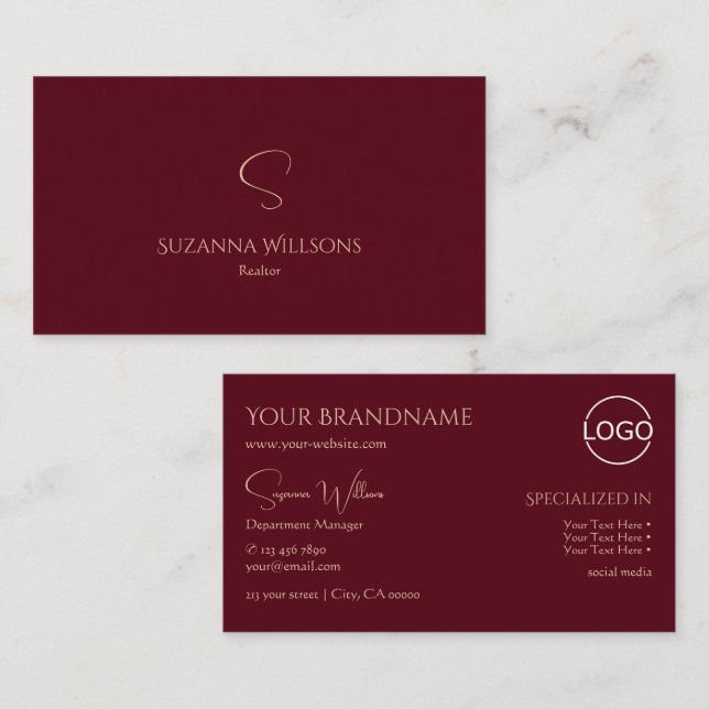 Elegant Plain Wine Red with Monogram and Logo Chic Business Card (Front/Back)