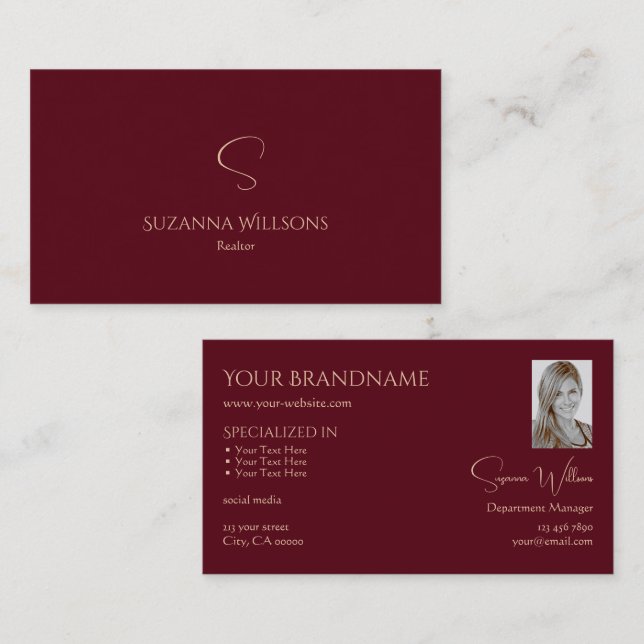 Elegant Plain Wine Red with Monogram and Photo Business Card (Front/Back)