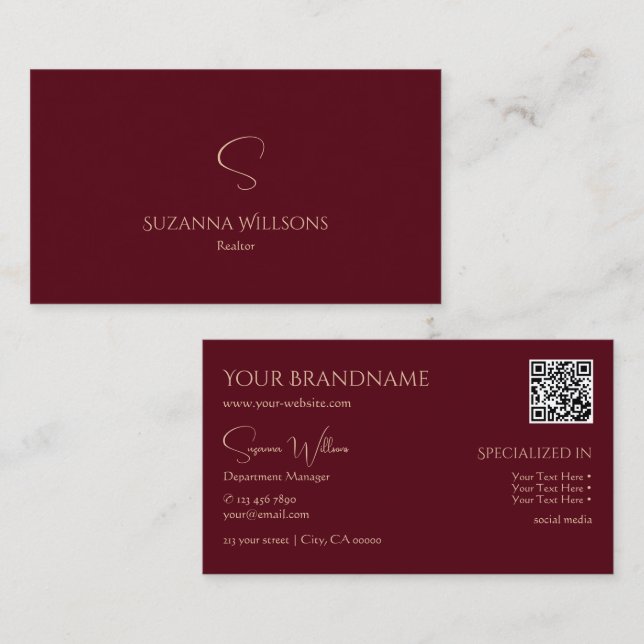 Elegant Plain Wine Red with Monogram and QR-Code Business Card (Front/Back)