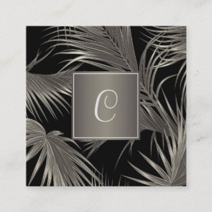 Elegant Platinum Palm Pattern with Monogram Square Business Card