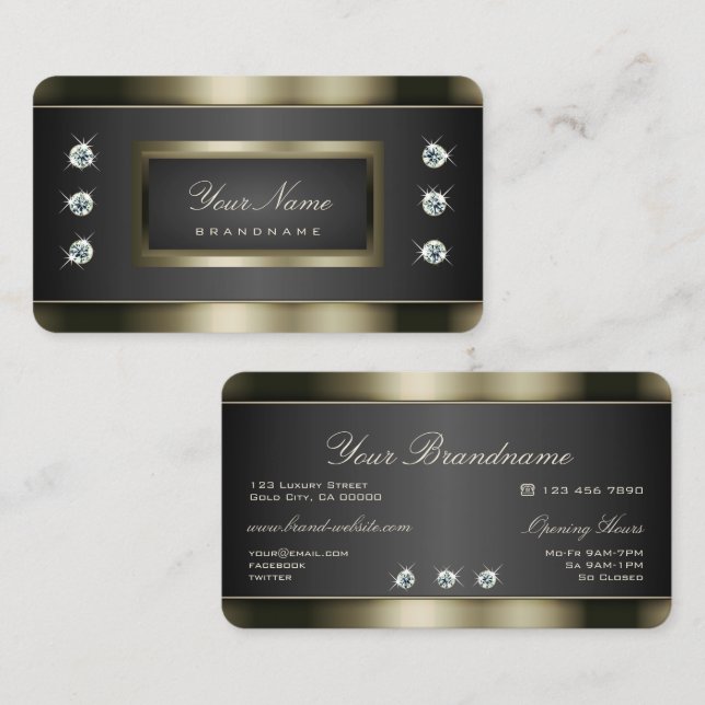 Elegant Platinum Silver and Black with Diamonds Business Card (Front/Back)