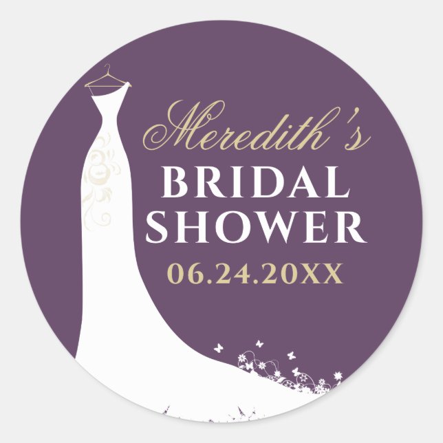 Elegant Plum and Gold Wedding Gown Bridal Shower Classic Round Sticker (Front)