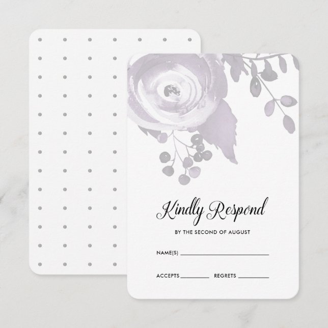 Elegant Plum and Grey Floral Dots Wedding RSVP Card (Front/Back)