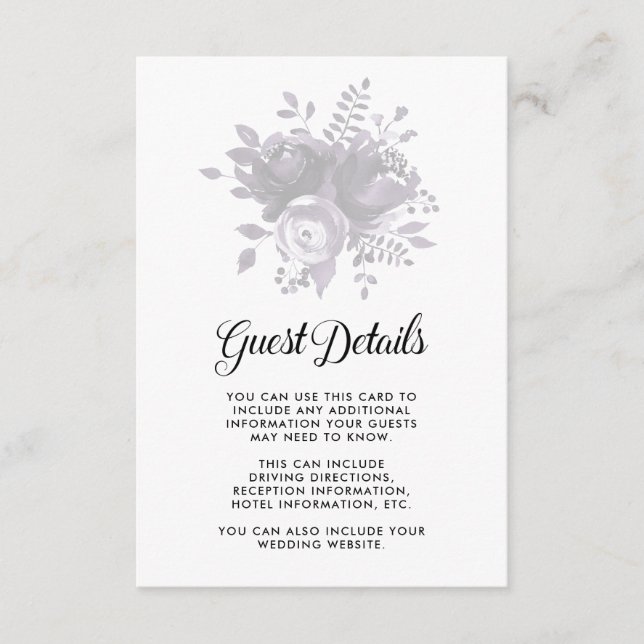 Elegant Plum and Grey Floral Wedding Guest Details Enclosure Card (Front)