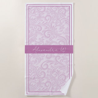 Elegant Plum Blossom Floral Damask Monogram Name Beach Towel