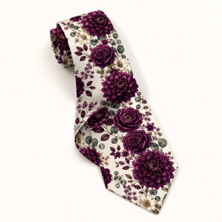 Elegant Plum Dahlia & Rose Floral Tie