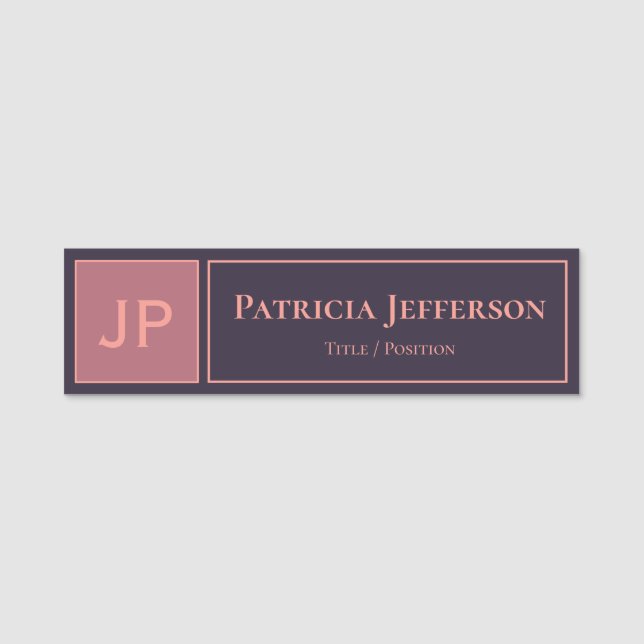 Elegant Plum Dark Blue Pink Monogrammed Name Tag (Front)