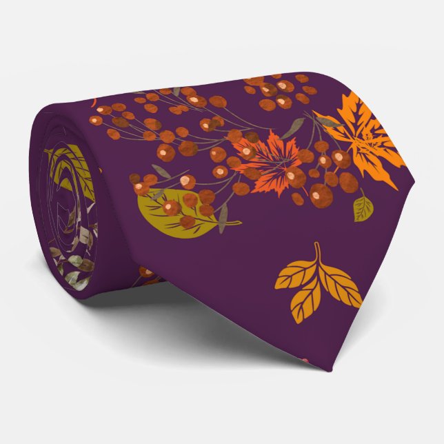 Elegant Plum Fall Floral Autumn Botanical Pattern  Tie (Rolled)