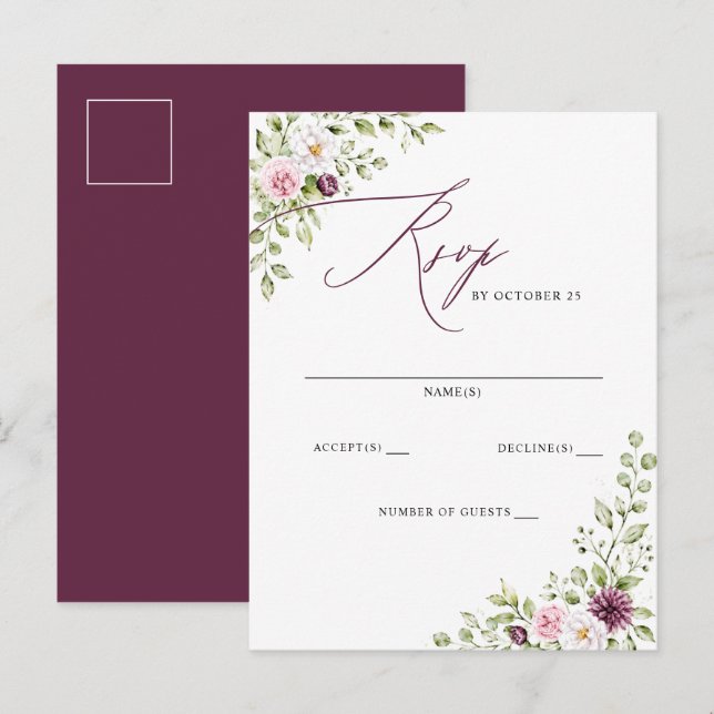 Elegant Plum Floral Fall Winter Wedding Postcard (Front/Back)