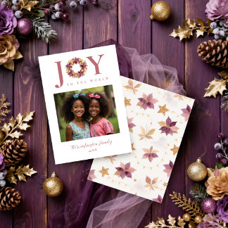 Elegant Plum Glitter Poinsettias Christmas Wreath Holiday Card