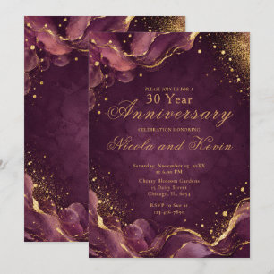 Elegant Plum Gold Alcohol Ink Wedding Anniversary Invitation