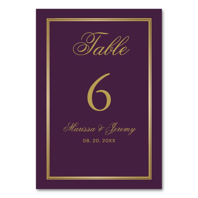 Elegant Plum Gold Script Calligraphy Wedding Table Number (Front)