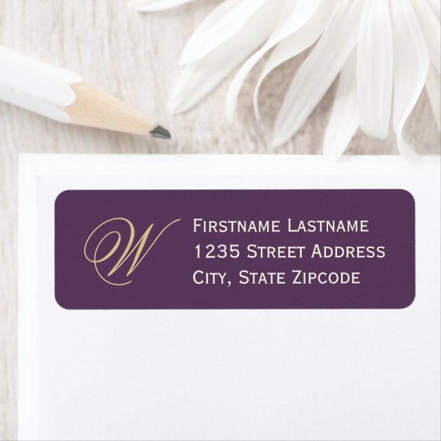 Elegant Plum Gold Script Monogram Address (Insitu)