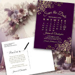 Elegant Plum & Gold Wedding Save the Date Calendar Announcement Postcard<br><div class="desc">This beautiful save the date postcard will give your friends and family advance notice of your upcoming wedding. It features a clever design with a custom calendar where you can put a heart around your wedding date. The background is a deep plum purple colour, and there are decorative gold faux...</div>