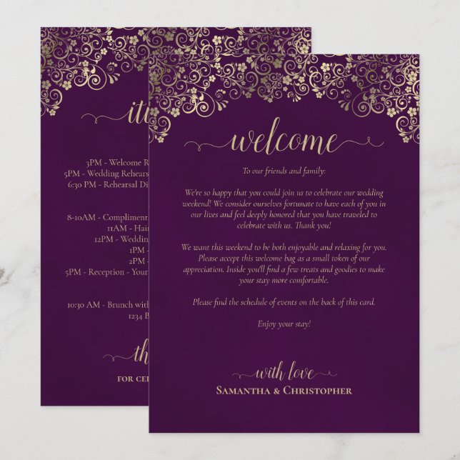 Elegant Plum & Gold Wedding Welcome & Itinerary Programme (Front/Back)