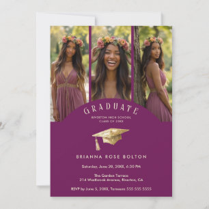 Elegant Plum Graduate Collage 3-Photo Graduation Invitation