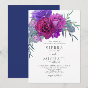 Elegant Plum Lilac Navy Floral Botanical Wedding Invitation
