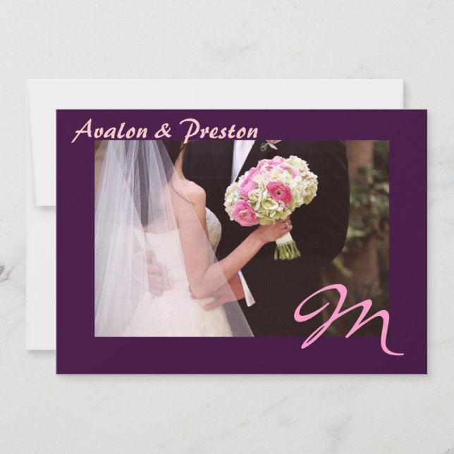 Elegant Plum Monogram Pink Wedding Invitation (Front)