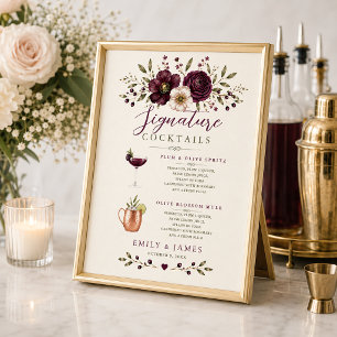 Elegant Plum Olive Botanical Wedding Cocktail Sign