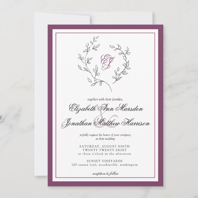 Elegant Plum Photo Monogram QR Code Wreath Invitation (Front)
