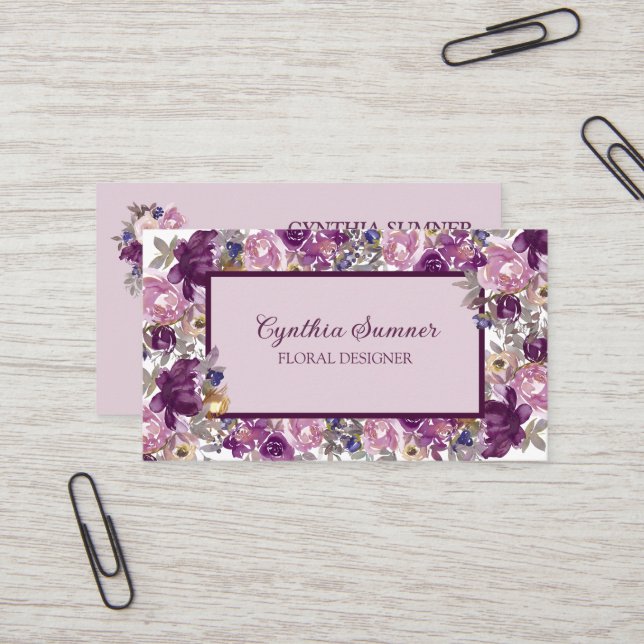 Elegant Plum, Pink and Purple Floral  Business Card (Front/Back In Situ)
